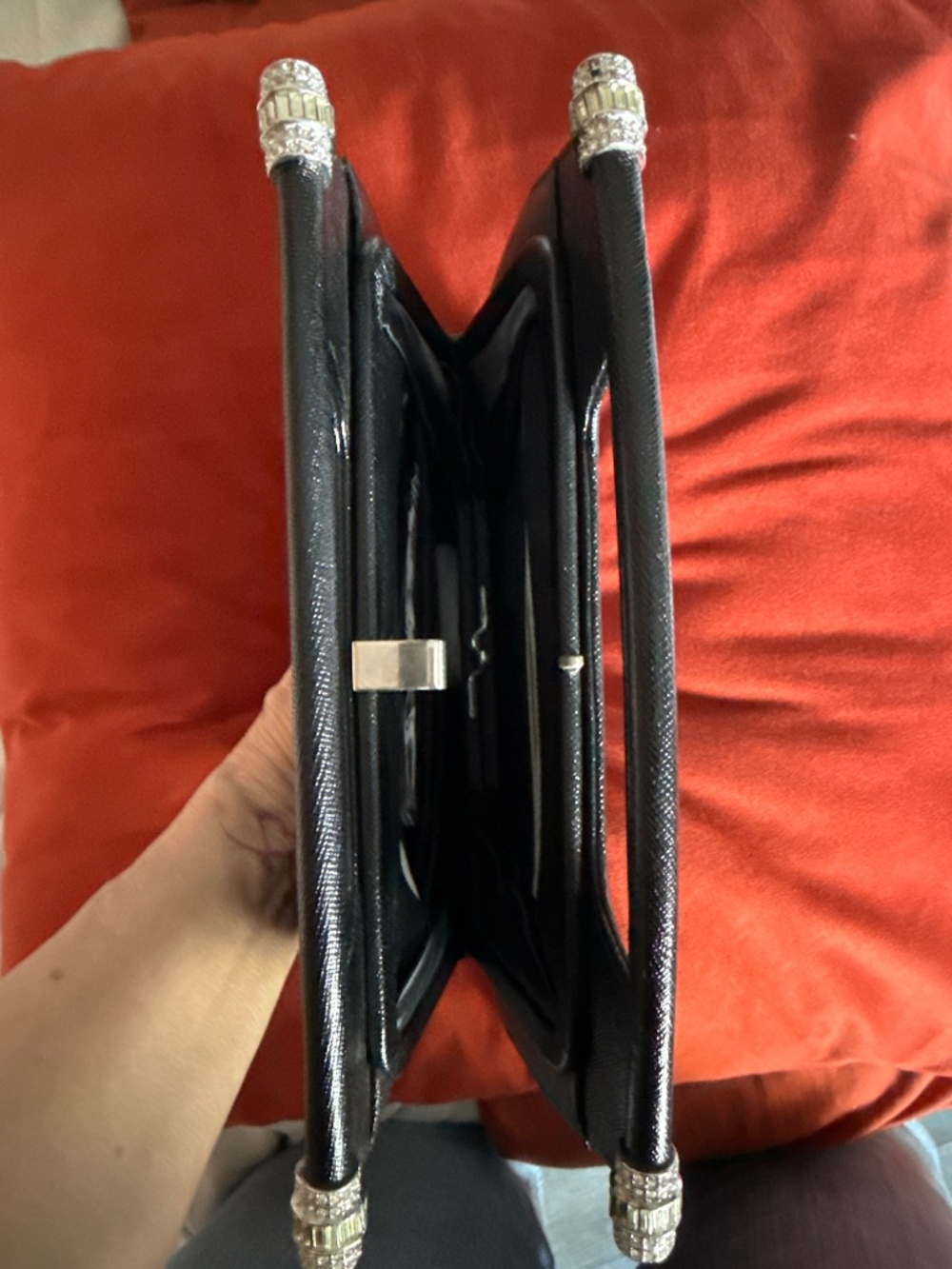 Bienen Davis Vintage Saffiano Leather clutch with rhinestone handles